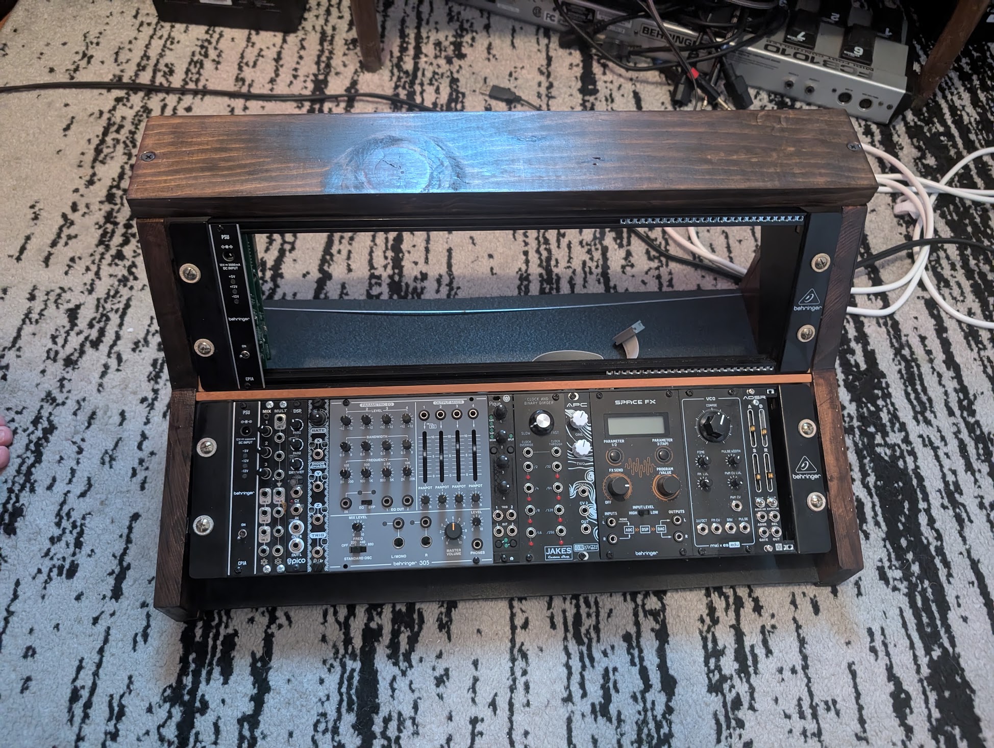 Top view; I used a sheet of clear acrylic as the backing. One day I'll mount leds that are voltage controlled by the synth itself.