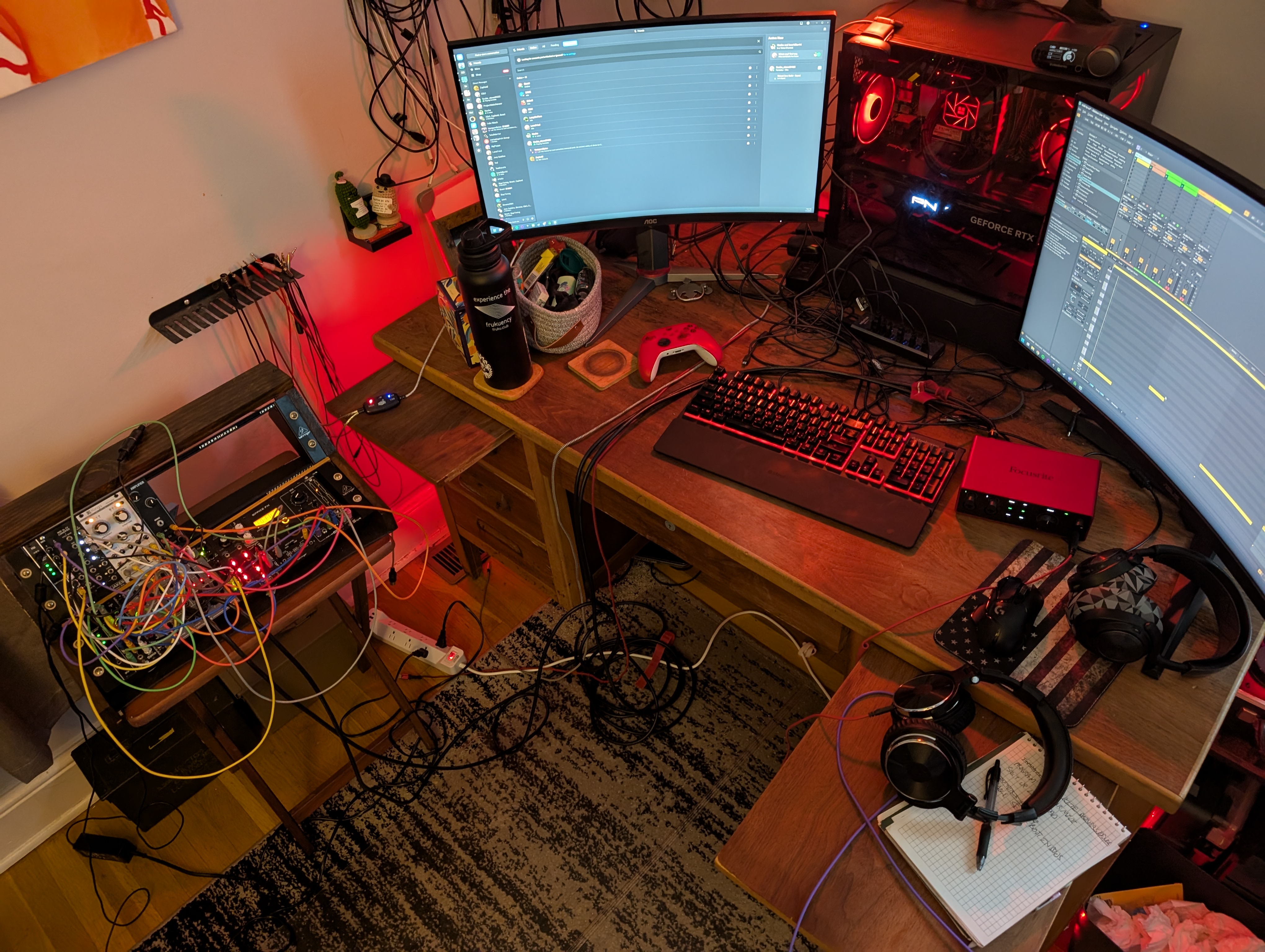Messing around with the modular rack; I'm using ableton to send midi to the modular synth via a midi to cv converter from Jake's Custom Shop. That dude makes kinda the best stuff.