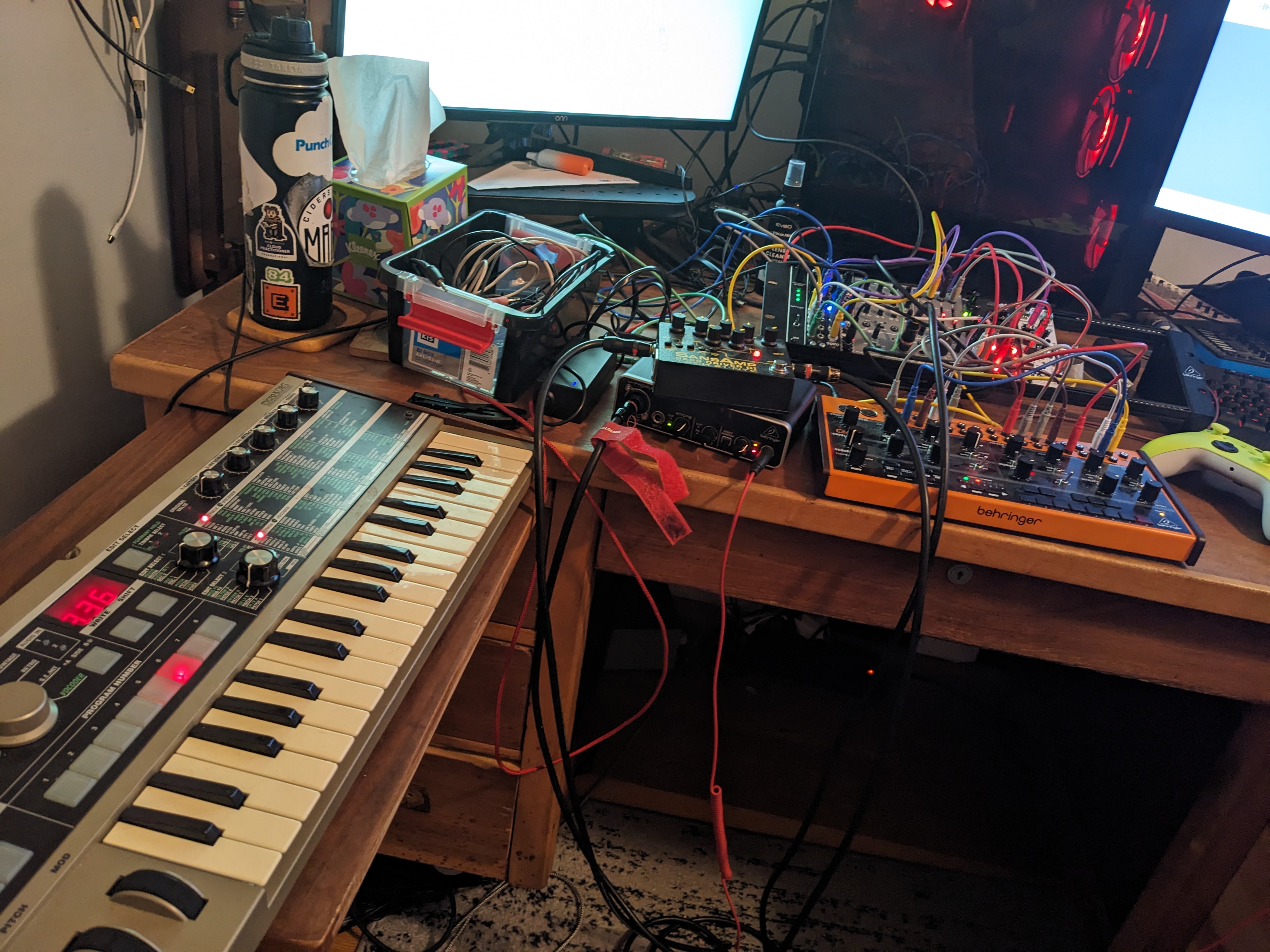 A rat's nest of cables and wires. I think I was just trying to see how many different ways I could connect the midi controllers and route the audio signal.